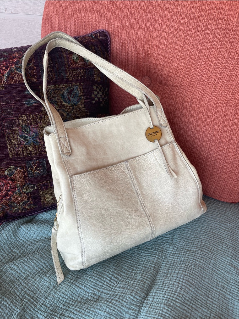 Margot New York Genuine Leather Ivory Cream Shoulder Bag Purse